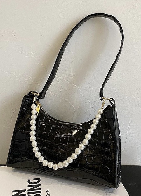Женская маленькая сумка рептилия багет крокодиловая кожа с жемчугом черная No Brand (259473652)