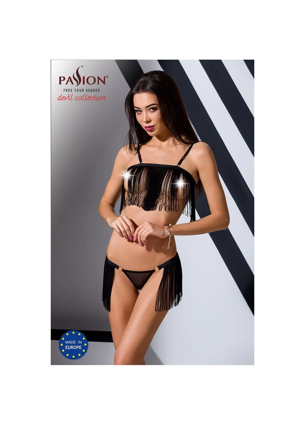 Черный комплект белья kassandraet openbra - exclusive: лиф из бахромы, трусики-юбка Passion