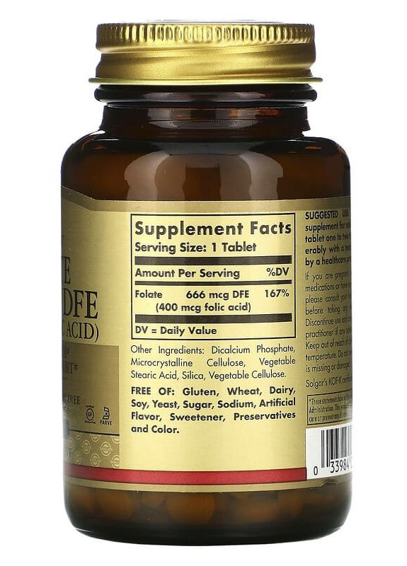 Folate 666 mcg DFE (Folic Acid 400 mcg) 250 Tabs Solgar (256723947)