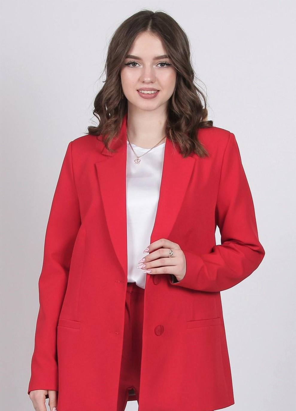 Красный женский пиджак удлиненный женский 029 костюмный креп красный Актуаль - демисезонный