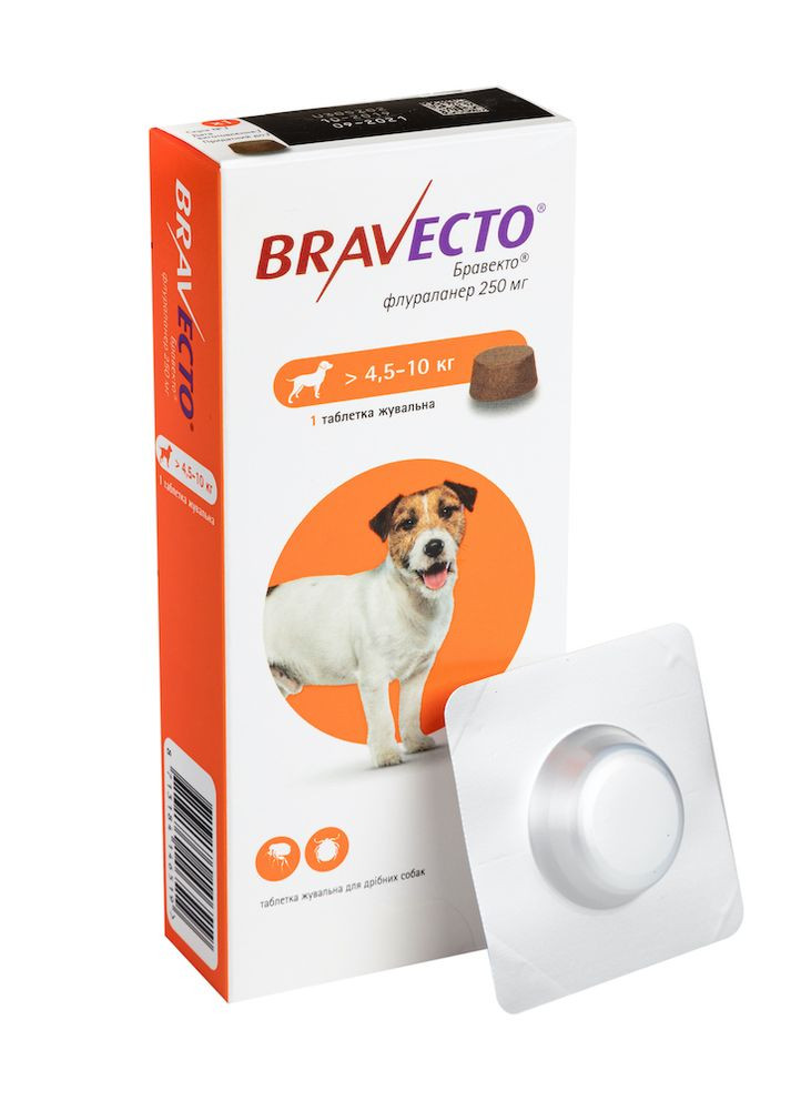 Жевательная таблетка (Бравекто) от блох и клещей для собак весом 4.5 - 10 кг и старше 2-х месяцев. Bravecto (278040441)