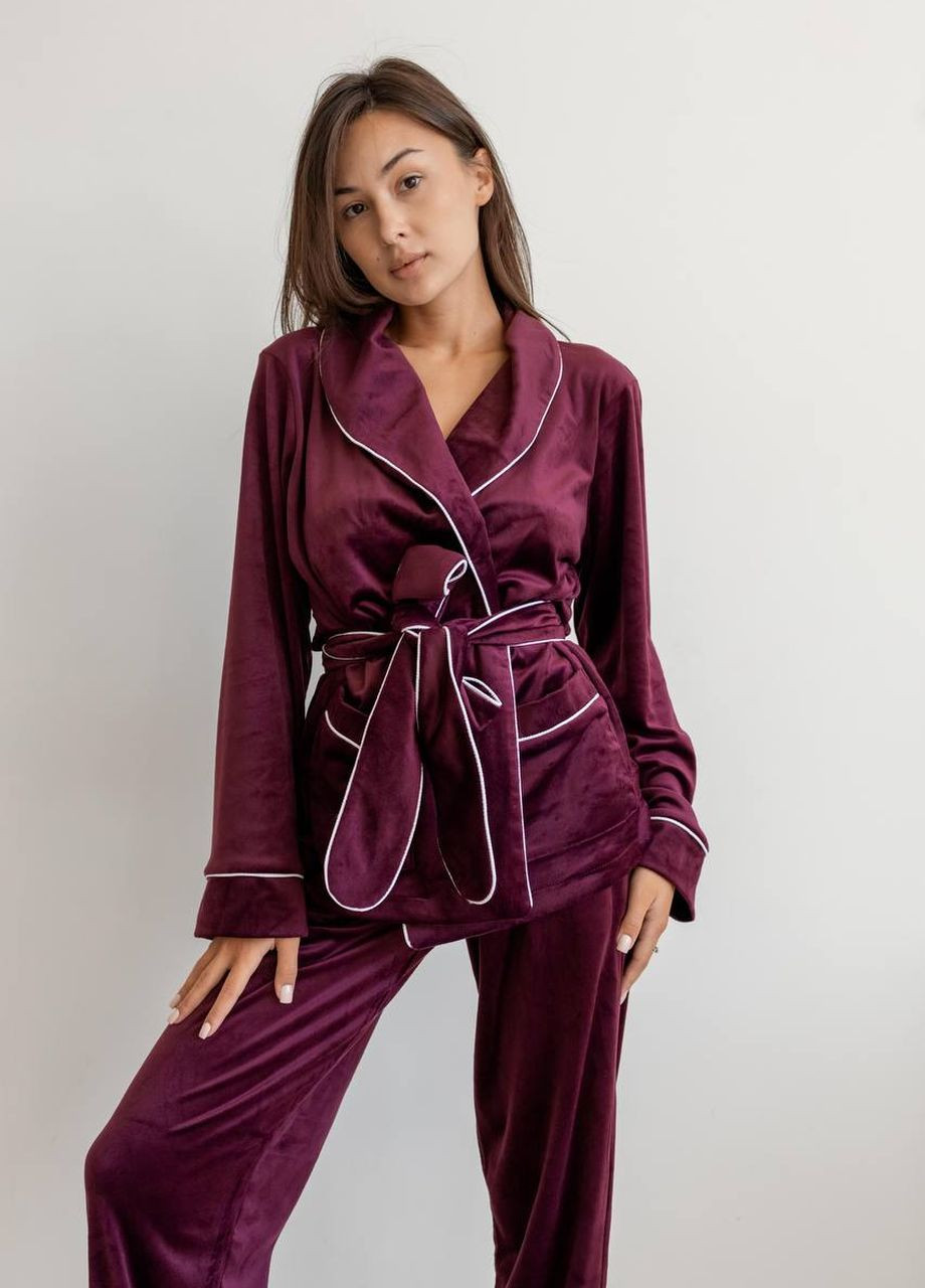 Бордовая женская пижама велюр eva на запах марсалового цвета р.l 442567 New Trend