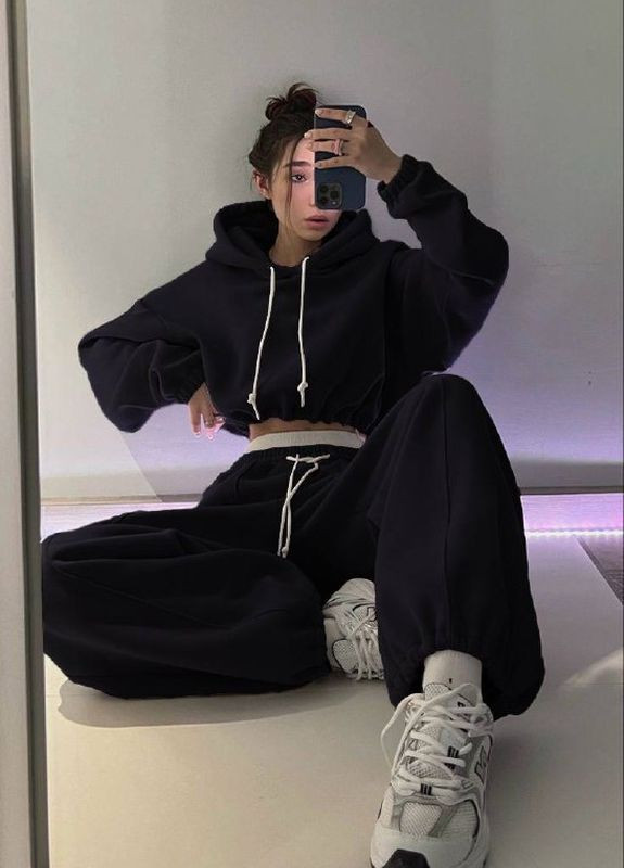 Красивий стильний та зручний спортивний костюм з джоггерами на високій посадці (з перестроченнями знизу) та худі на затяжках No Brand 103-1 (277160577)