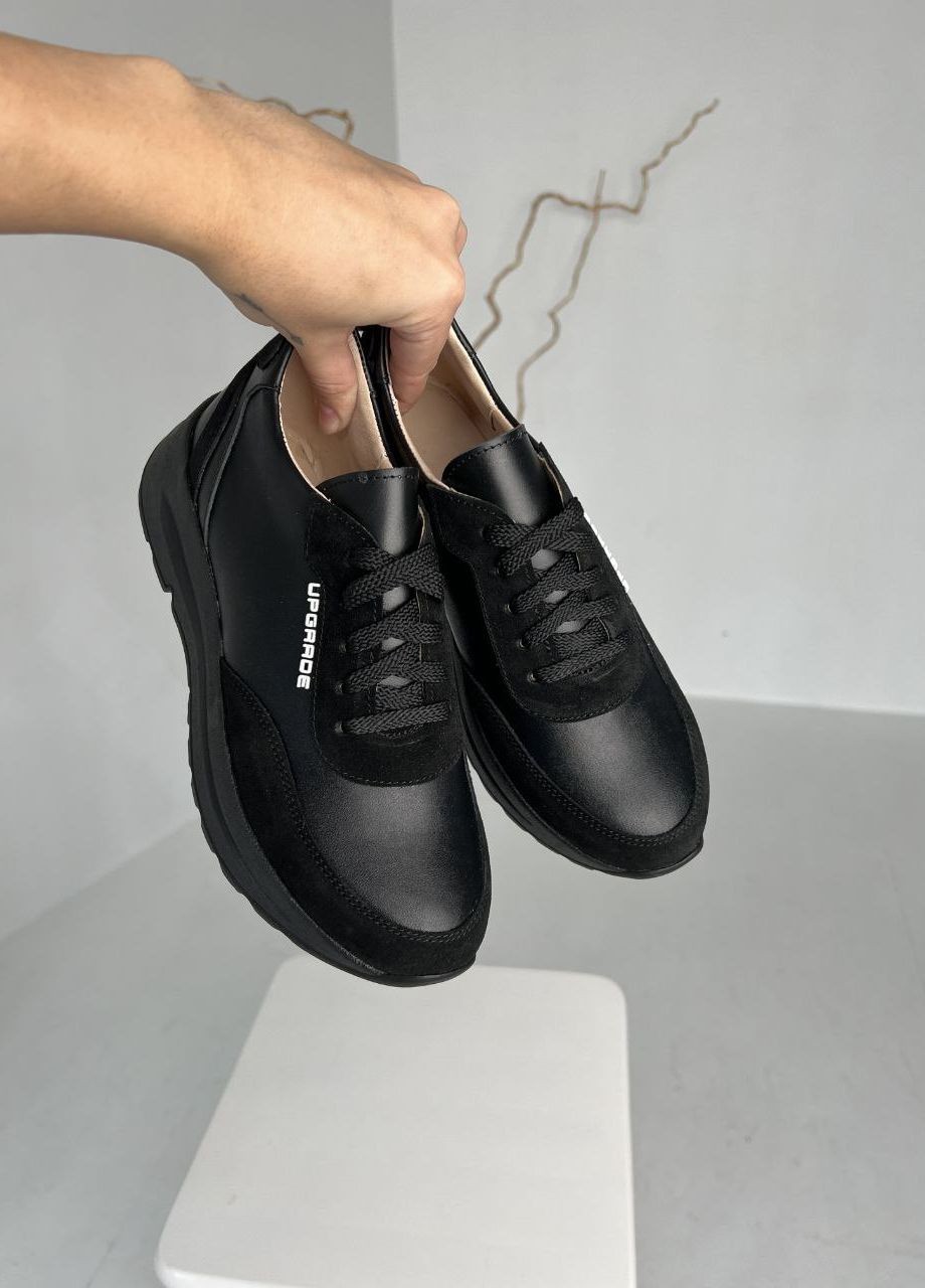 Черные демисезонные трендовые кожаные кроссовки со вставками замши InFashion Кросівки