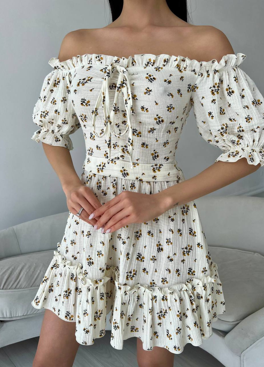 Гірчична жіноча літня сукня з мусліну колір молоко-гірчичний р.42/44 437172 New Trend