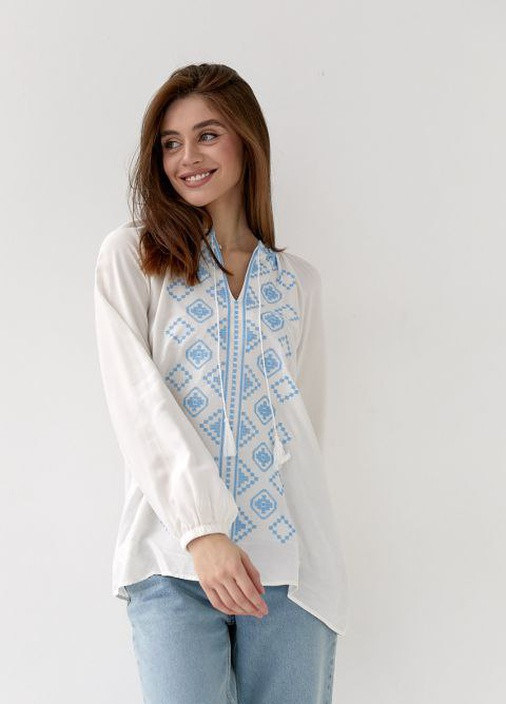 Блузка вышиванка Геометрия белая с голубым No Brand (258263997)