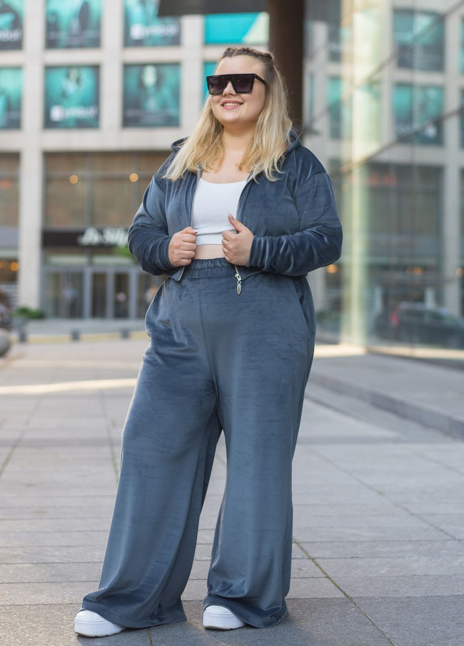 Жіночий костюм з велюру кофта на змійці з капюшоном та штани-палаццо Графіт Maybel (263933742)