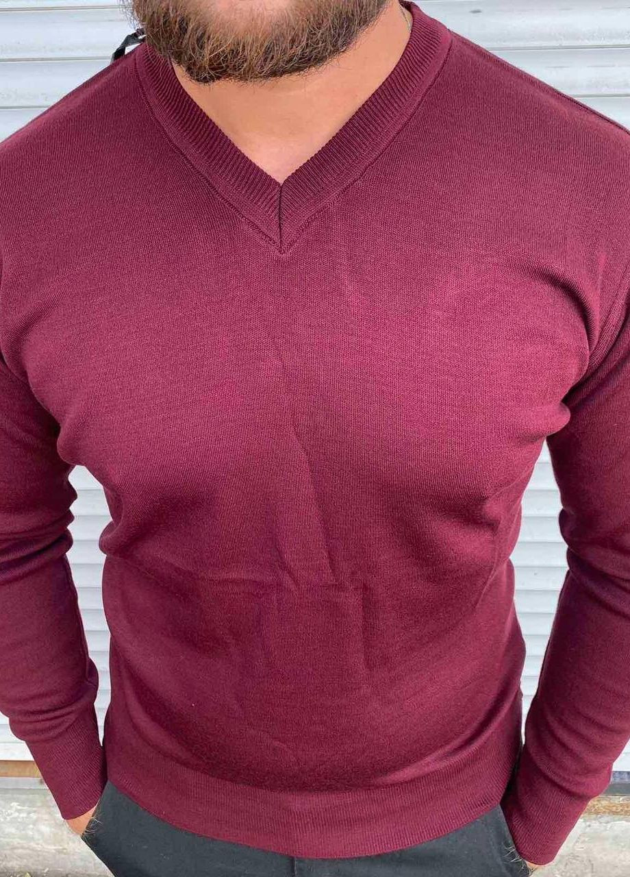 Бордовый демисезонный мужской базовый свитер пуловер No Brand