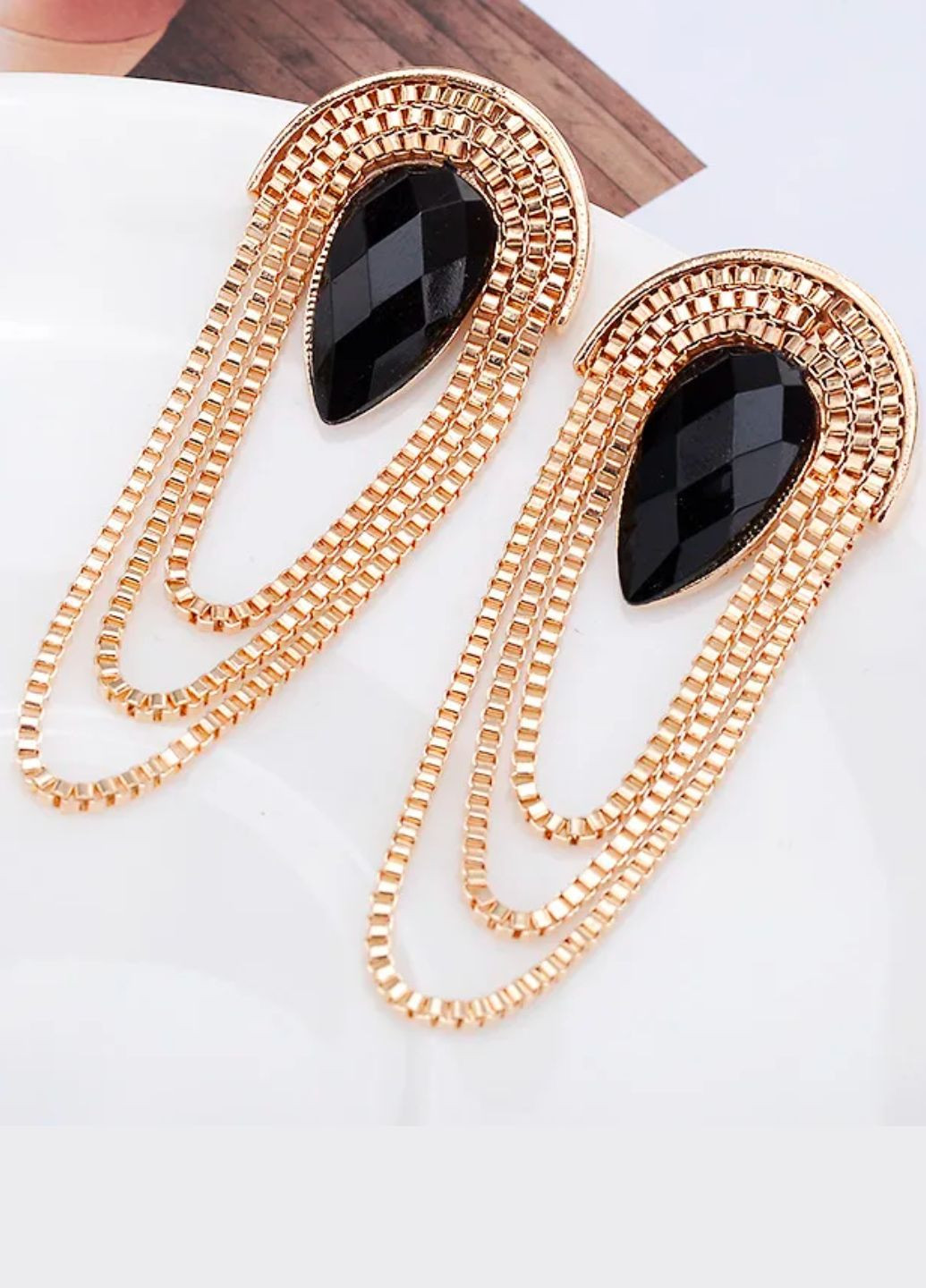 Серьги женские с черными камушками и цепочками No Brand (276004387)