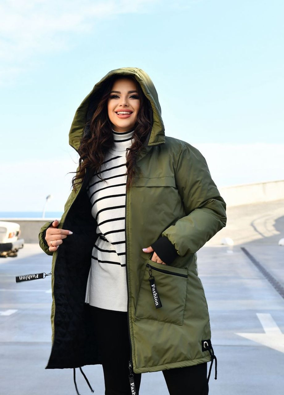 Оливкова (хакі) женская куртка-пальто из плащевки цвет хаки р.48/50 445908 New Trend