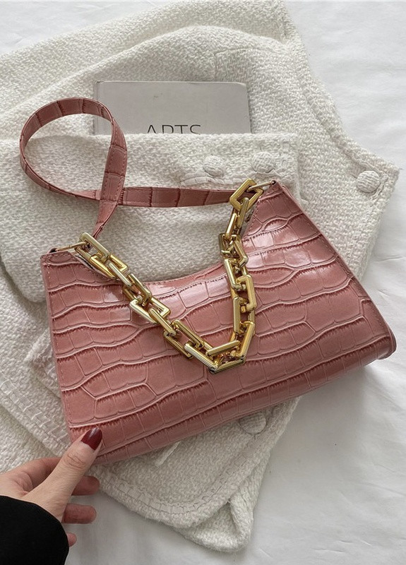 Женская маленькая сумка рептилия багет крокодиловая кожа с цепочкой розовая No Brand (259473648)