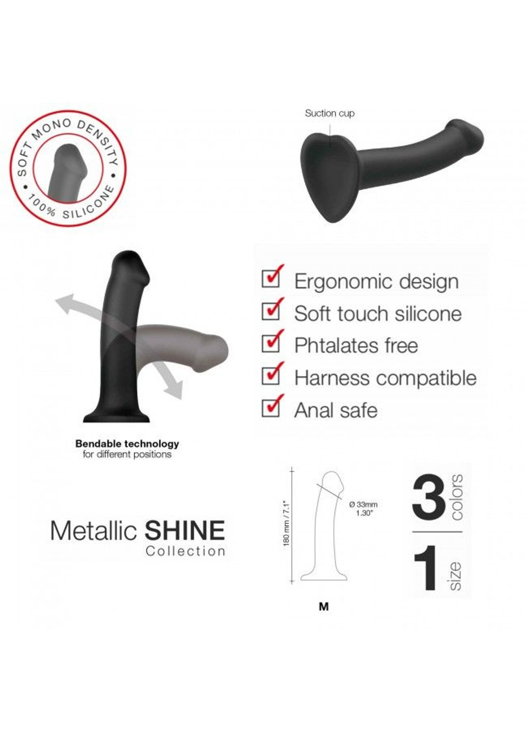 Насадка для страпона Mono Density Dildo Blue M, диам. 3,3см, однослойный силикон, гибкий Strap-On-Me (257520517)