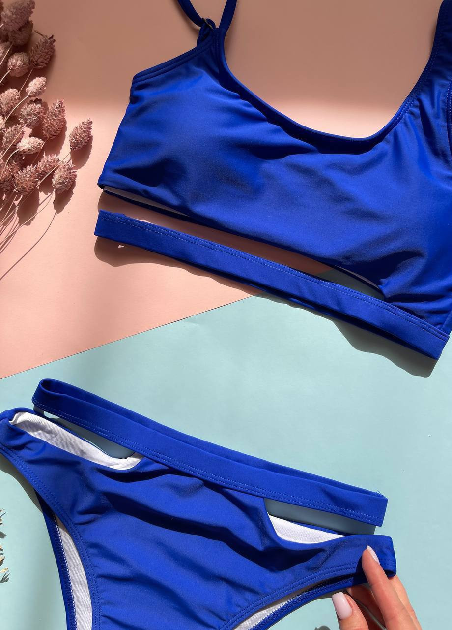 Синий летний стильний купальник з вирізами раздельный Vakko