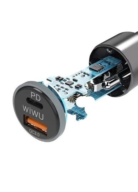 Автомобільний адаптер (PD 36W, QC 3.0, USB, Type-C, для телефону, з швидкої зарядкою) - Сірий WIWU pc100 (266702630)