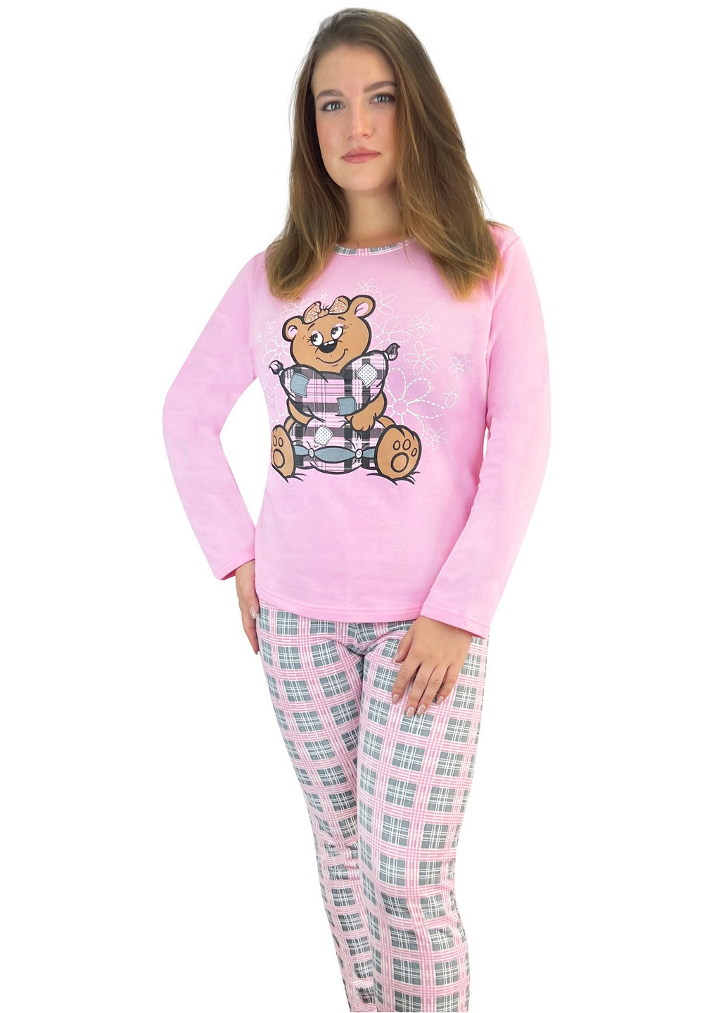 Розовая всесезон пижама начесная клетка с накатом кофта + брюки Жемчужина стилей 4625