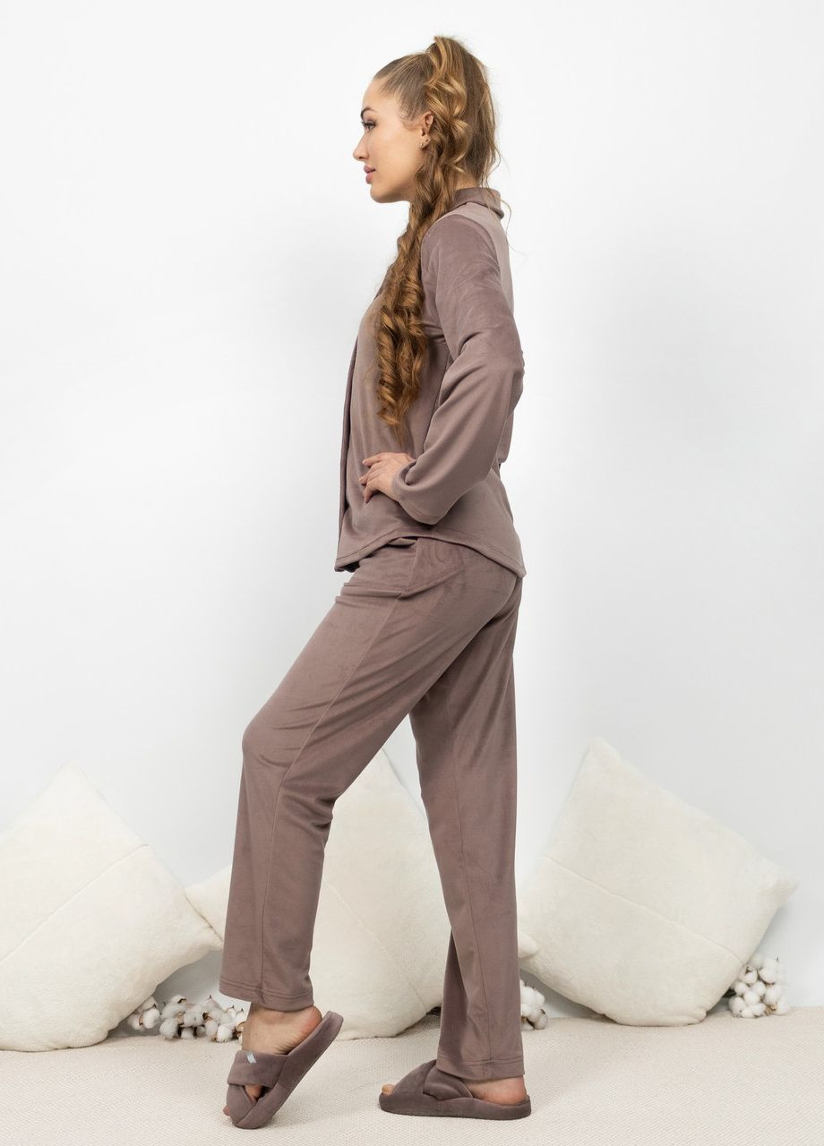 Кофейная всесезон пижама костюм домашний велюровый рубашка со штанами мокко Maybel