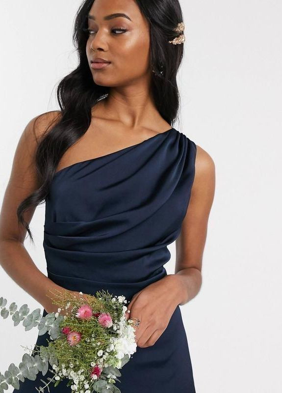 Синее праздничный, вечернее платье макси на одно плечо tfnc bridesmaid Asos