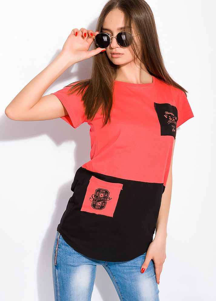 Коралова літня бавовняна футболка з принтом на кишені (кораловий) Time of Style