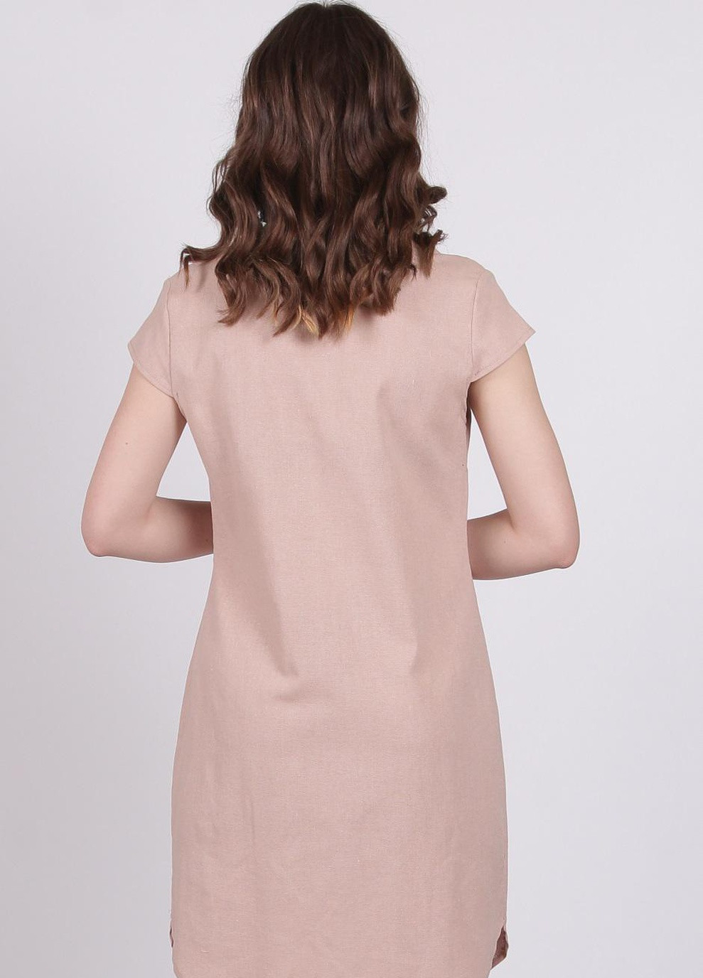 Светло-коричневое кэжуал платье женское 004 однотонный лен бежевый Актуаль