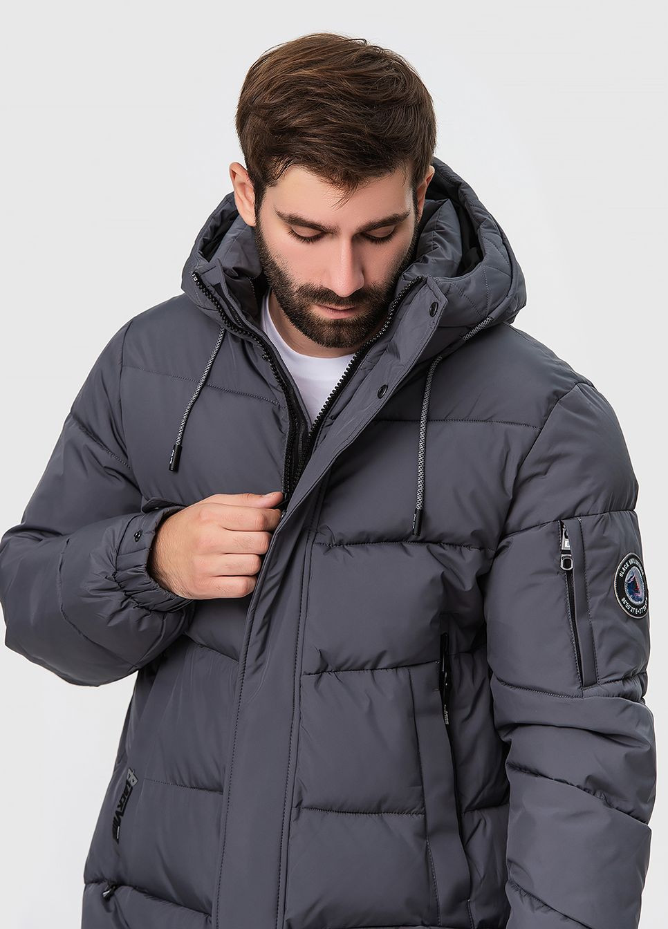 Сіра зимня подовжена куртка з капюшоном модель 23-2230 Black Vinyl 23-2030
