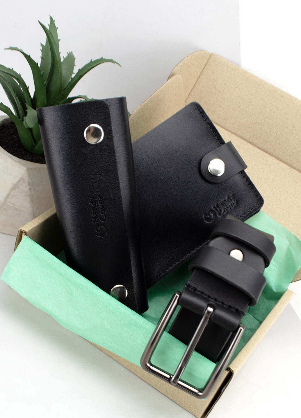 Подарунковий чоловічий набір №59 чорний: Портмоне + ключниця + ремінь HandyCover (271979894)
