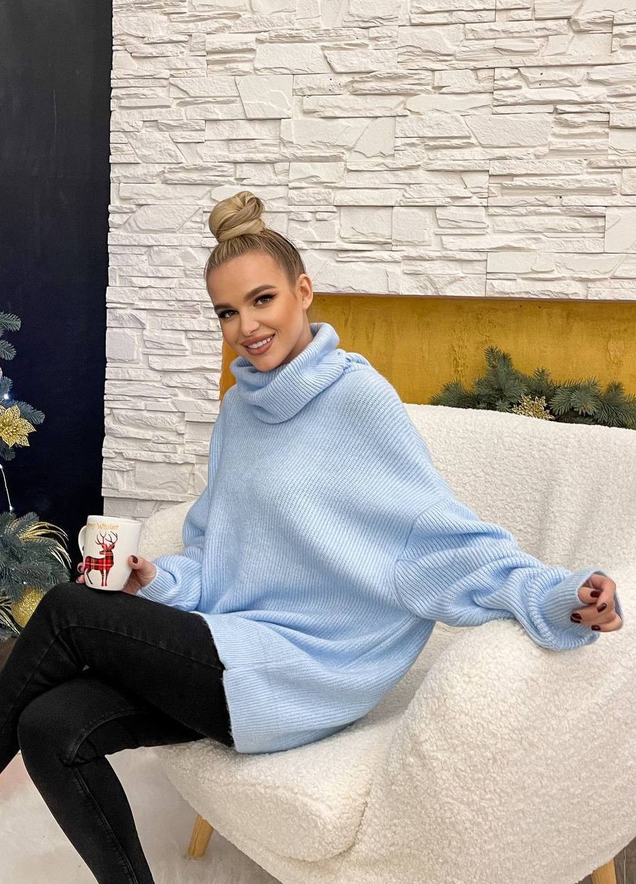 Блакитний зимовий базовий теплий жіночий светр під горло з турецької в'язки, якісний блакитний светр No Brand р-1557-0101 2