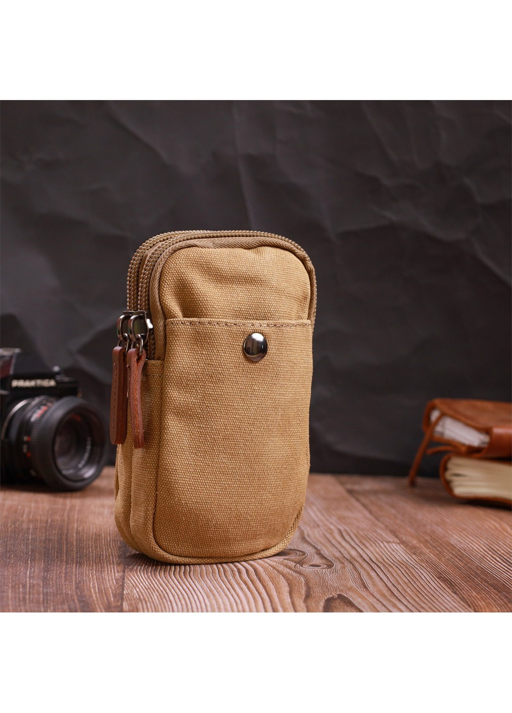 Вертикальна сумка-чохол на пояс із металевим карабіном із текстилю 22227 Пісочний Vintage (267925292)