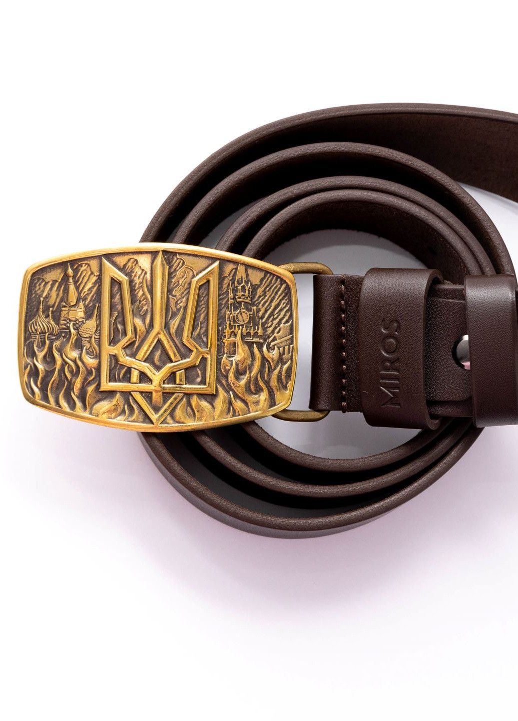 Шкіряний ремінь з латунною пряжкою "Кремль у вогні" Темно-коричневий Miros (258652973)