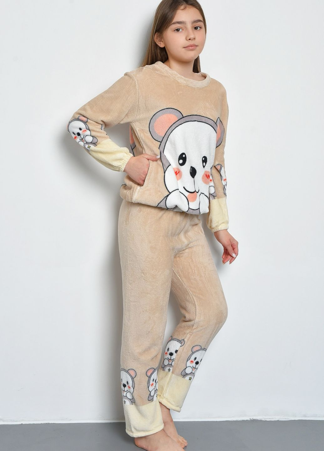 Бежевая зимняя пижама детская для подростка плюшевая бежевого цвета Let's Shop