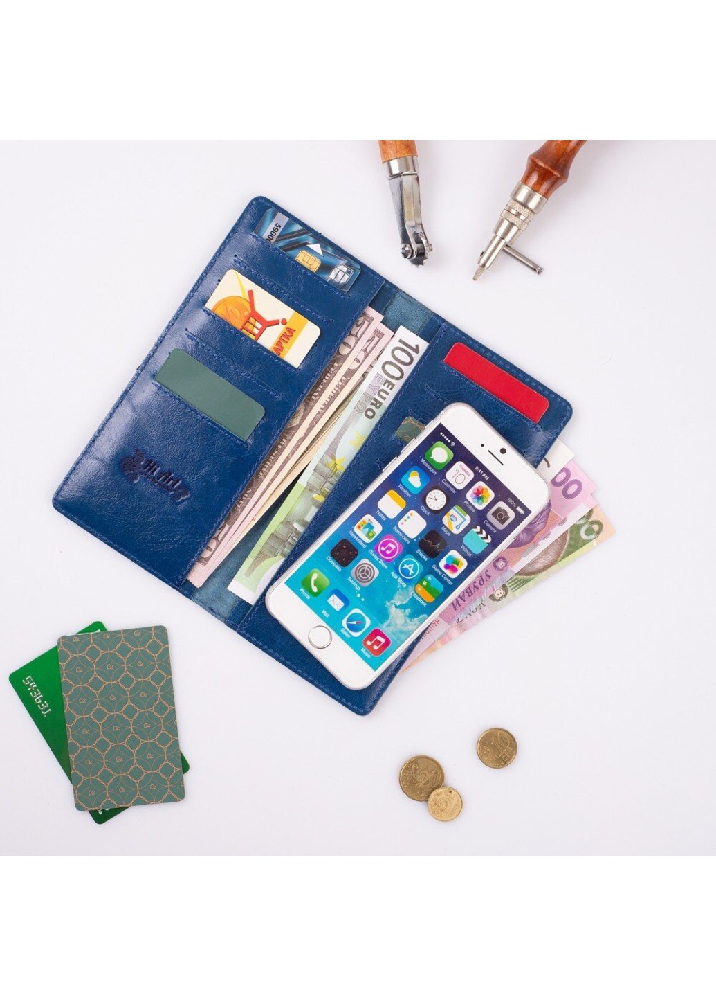 Шкіряне портмоне WP-02 Crystal Blue Mehendi Art Синій Hi Art (268371336)