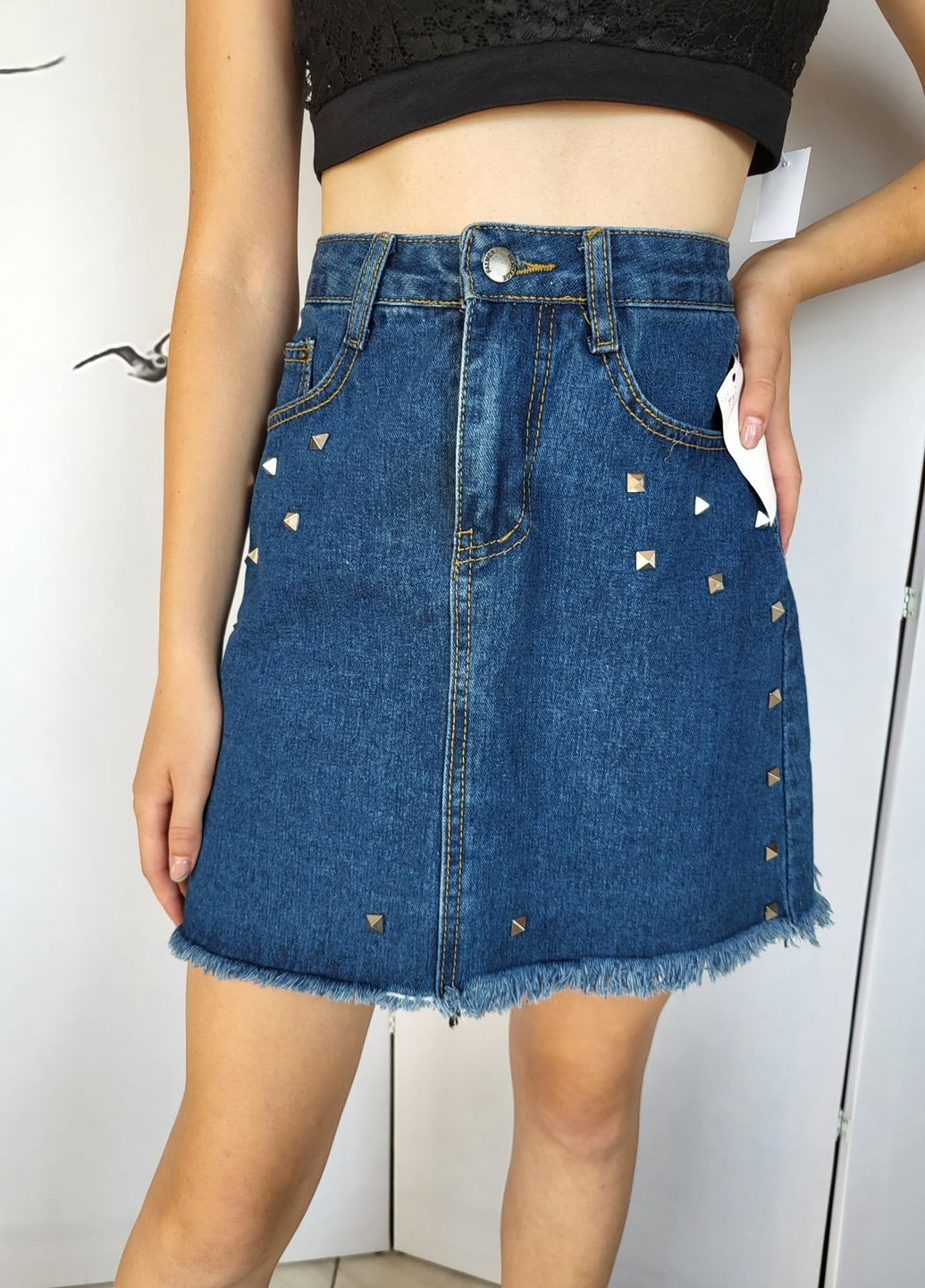 Синяя кэжуал юбка джинсовая синяя с заклепками No Brand а-силуэта (трапеция)