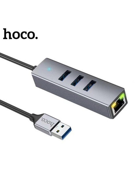 USB-хаб адаптер Easy (USB, 3хUSB, RJ45 1000 Мбіт/с, гігабітний, компактний) - Сірий Hoco hb34 (259812436)