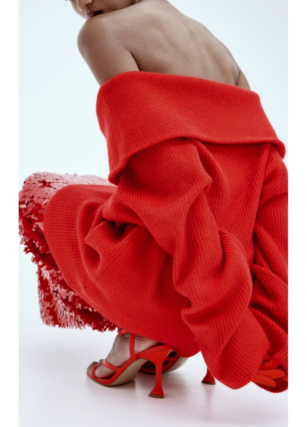 Красный зимний вязаный женский свитер в рубчик с обнаженными плечами н&м (56413) xs красный H&M