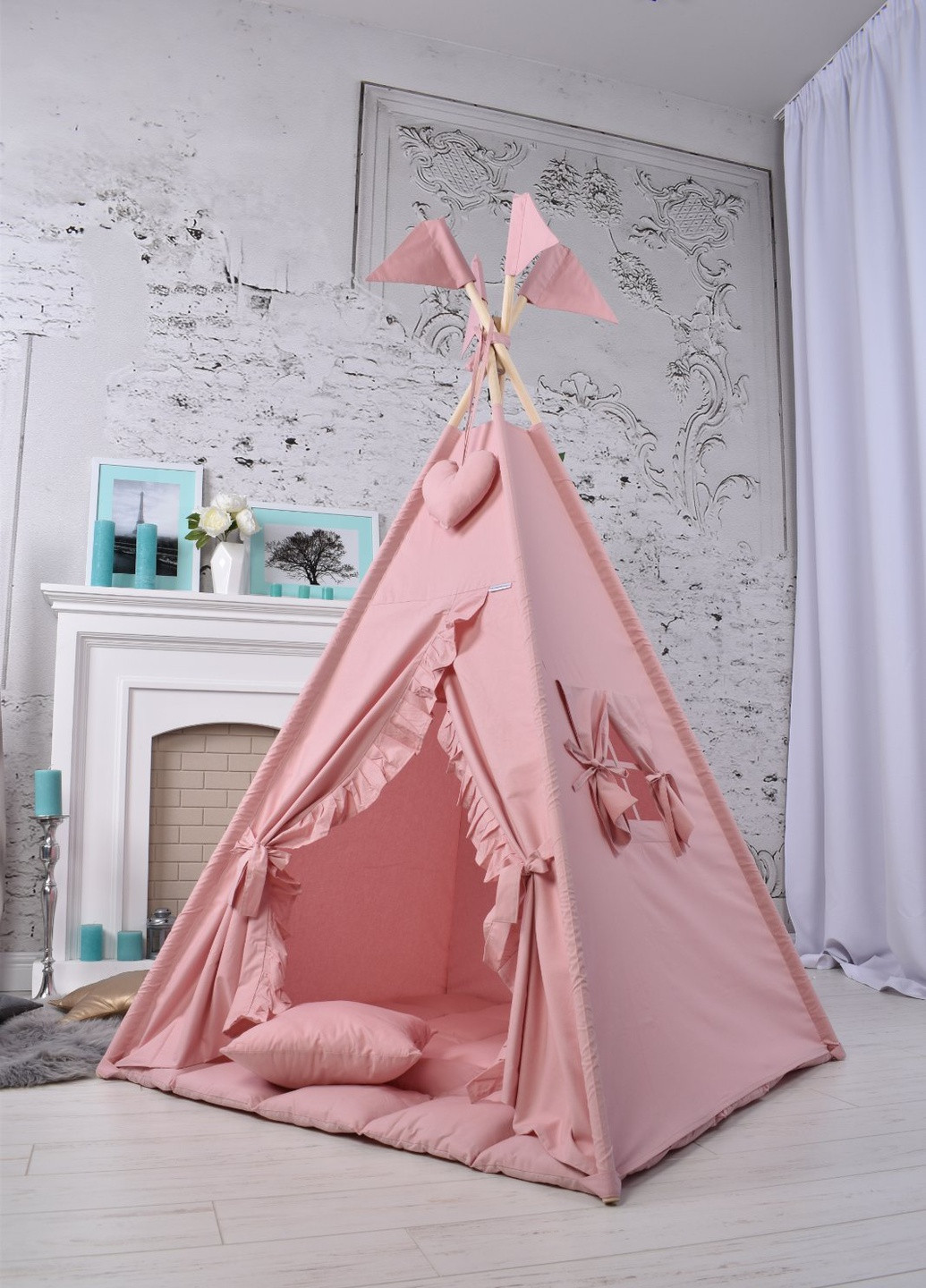 Вигвам Пудровый с рюшами детская палатка домик для девочки, полный комплект Украина (256927287)