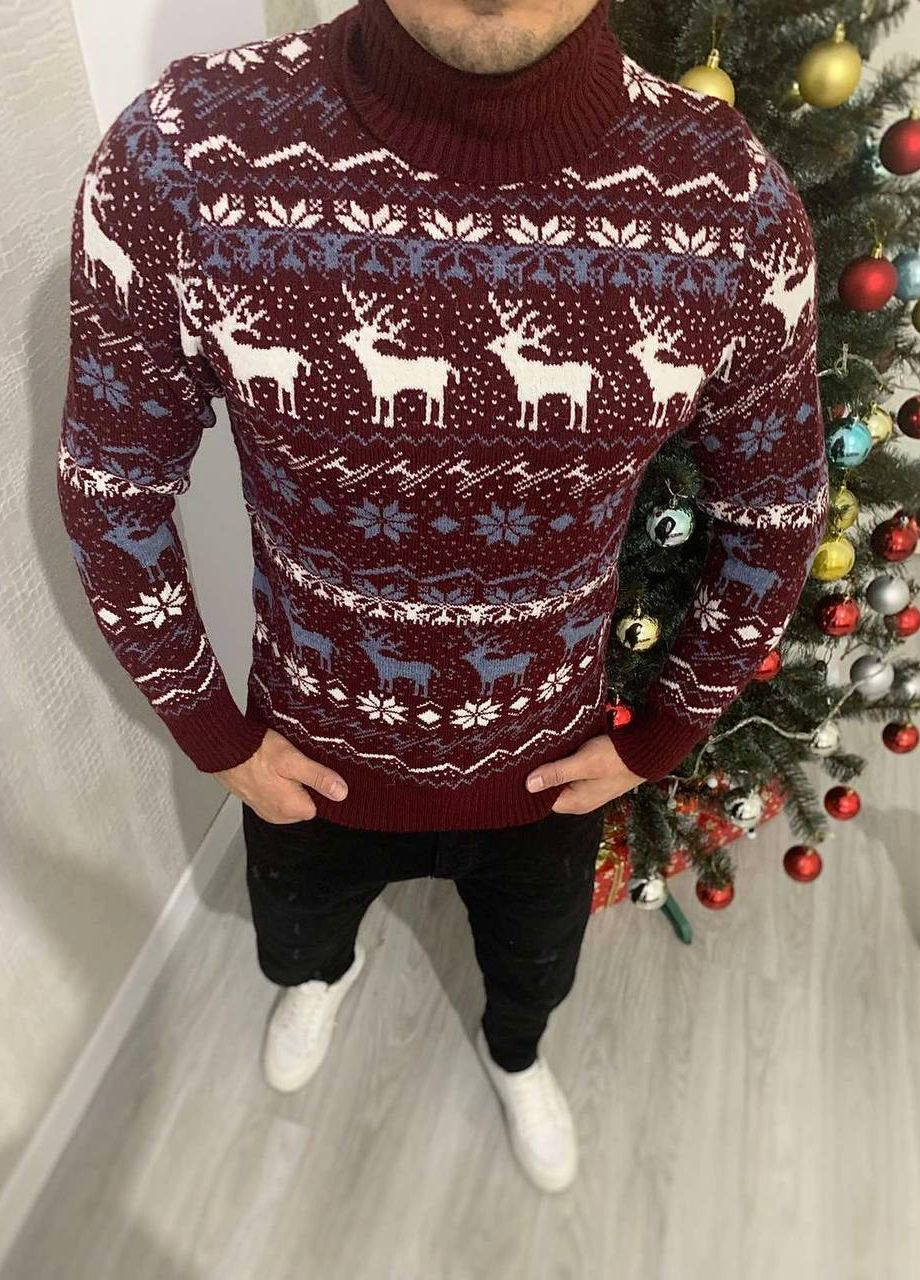 Бордовый зимний мужской новогодний свитер No Brand