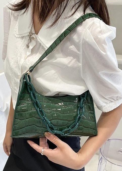 Женская маленькая сумочка через плечо багет рептилия крокодиловая кожа зеленая No Brand (259470395)