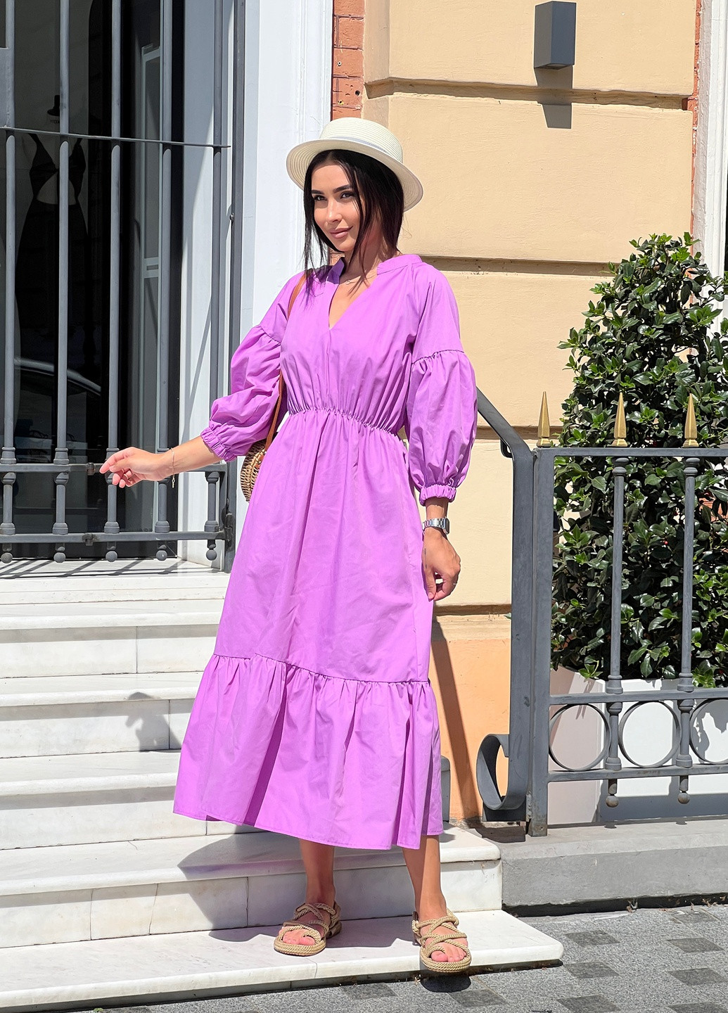 Фіолетова кежуал стильна літня бавовняна сукня міді дзвін INNOE однотонна