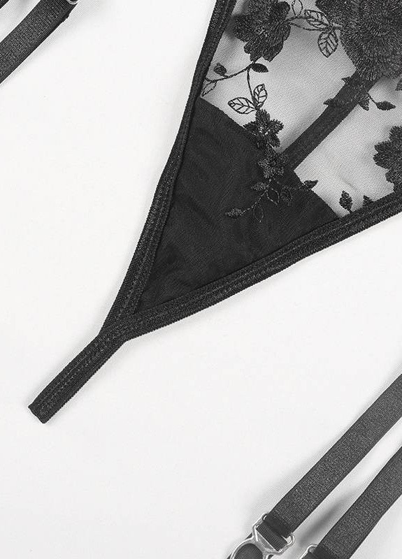 Черный демисезонный соблазнительный полупрозрачный комплект с вышивкой — Vakko