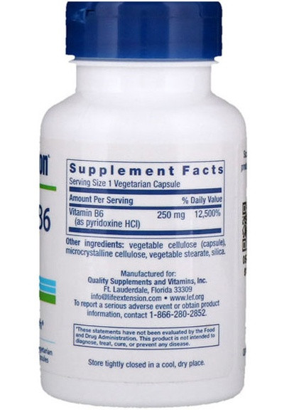 Vitamin B6 250 mg 100 Veg Caps Life Extension (256722658)