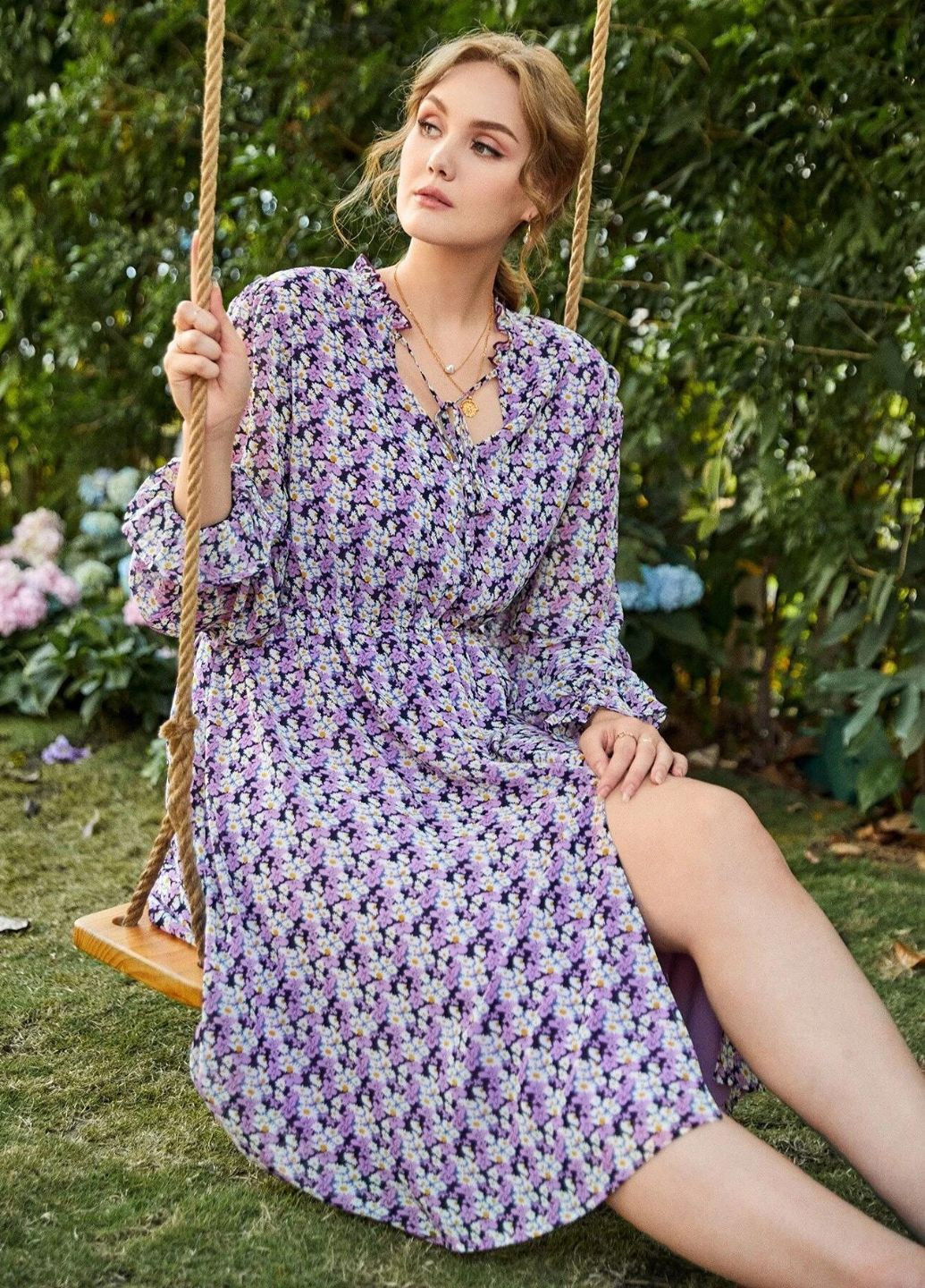 Фіолетова повсякденний сукня з квітковим принтом фіолетова SHEIN з квітковим принтом