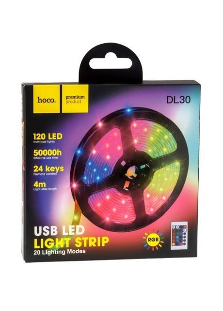 LED стрічка 4 метри (4 метри, 120 світлодіодів, USB-конектор, пульт в комплекті) - чорна Hoco dl30 (269266507)