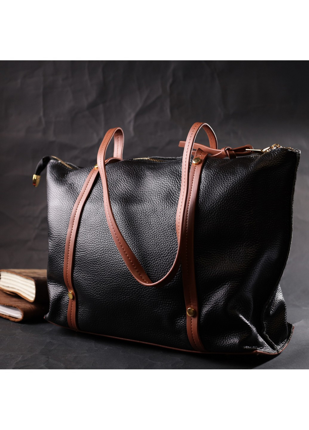 Дивовижна двокольорова сумка жіноча з натуральної шкіри 22303 Чорний Vintage (276457476)