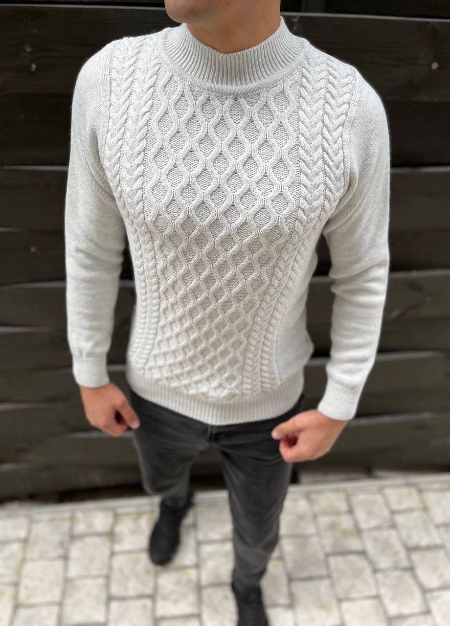 Молочный зимний мужской однотонный свитер No Brand
