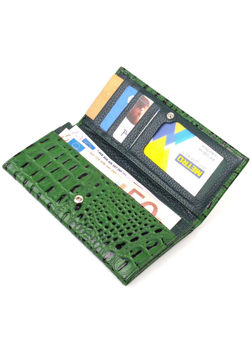 Оригінальний гаманець для жінок з натуральної фактурної шкіри з тисненням під крокодила 21825 Зелений Canpellini (259873991)