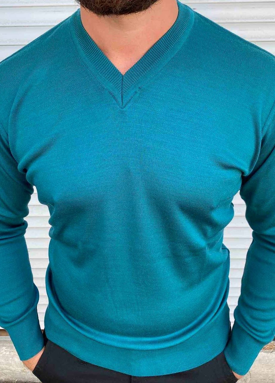 Бирюзовый демисезонный мужской базовый свитер пуловер No Brand