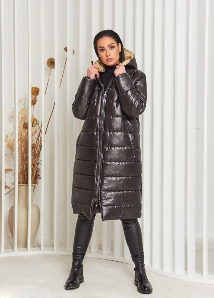 Черная жіноче зимове пальто чорного кольору 58/60 355660 New Trend