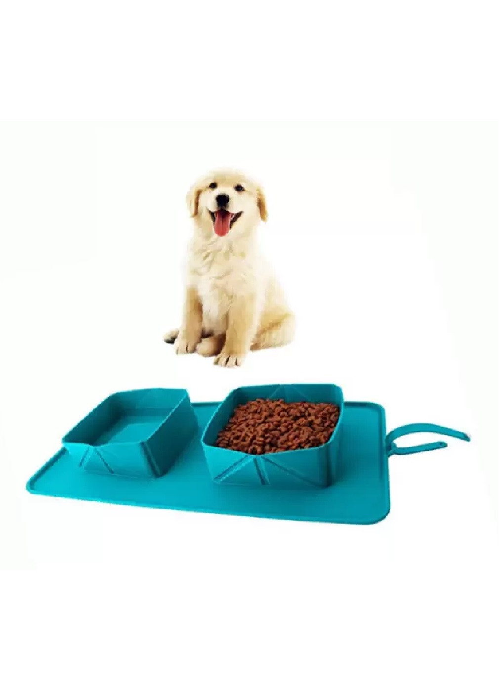 Складной силиконовый коврик с двумя встроенными мисками посуда для животных котов собак 385х230х50 мм (474722-Prob) Голубой Unbranded (259807616)