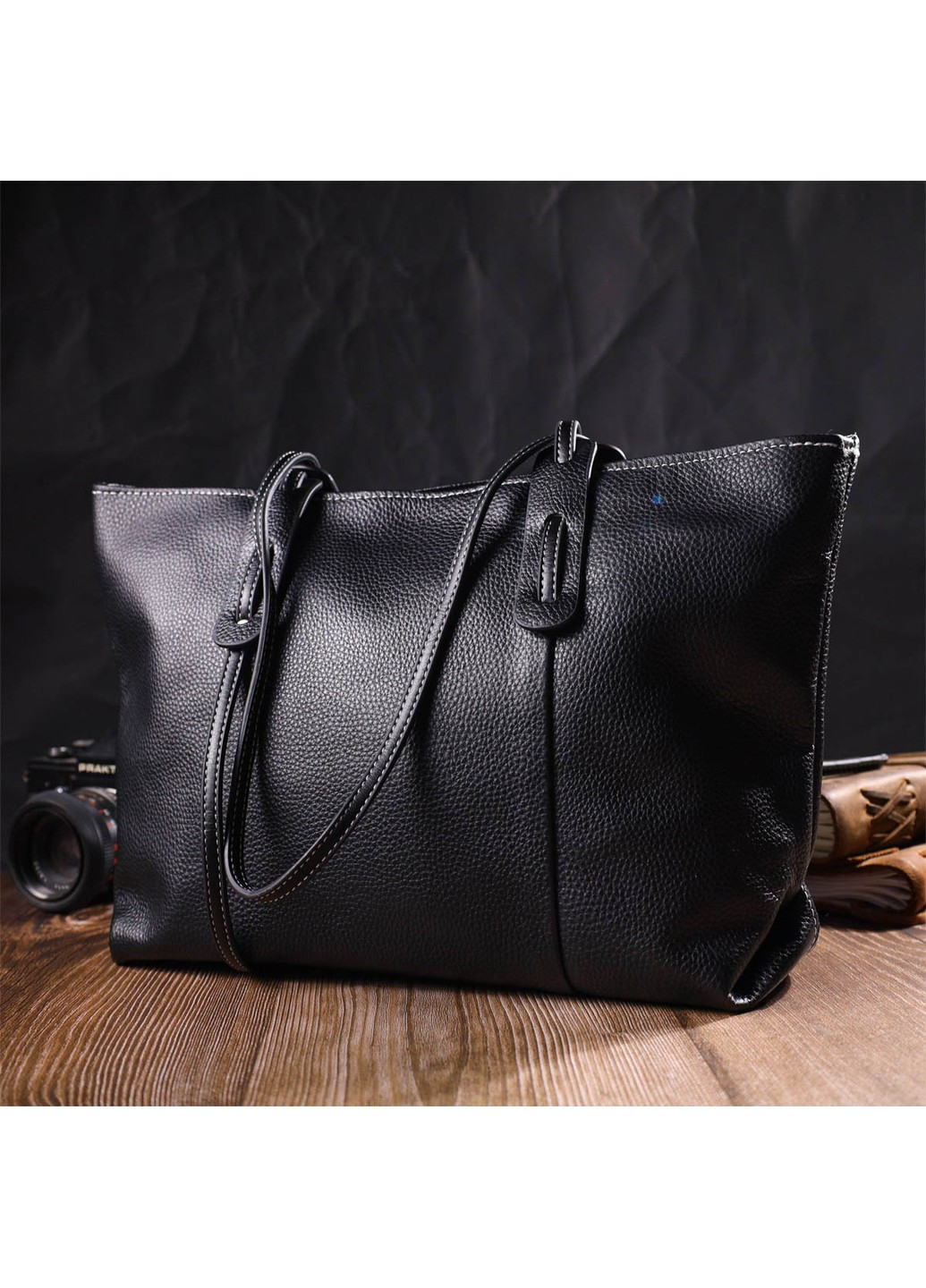 Вместительная женская сумка из натуральной кожи 22082 Черная Vintage (260359822)
