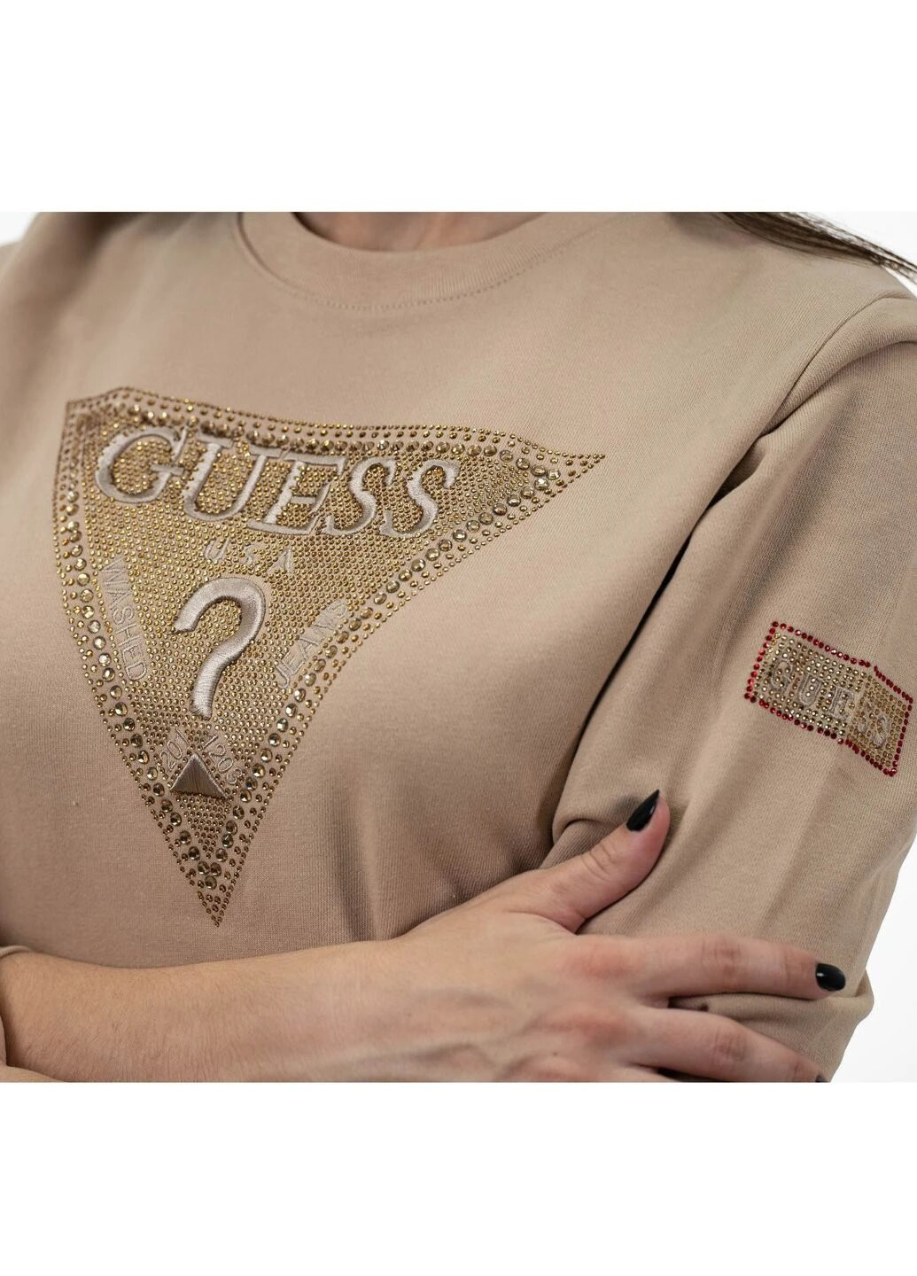 Світшот жіночий Guess - Прямий крій логотип бежевий кежуал бавовна органічна - (265014686)