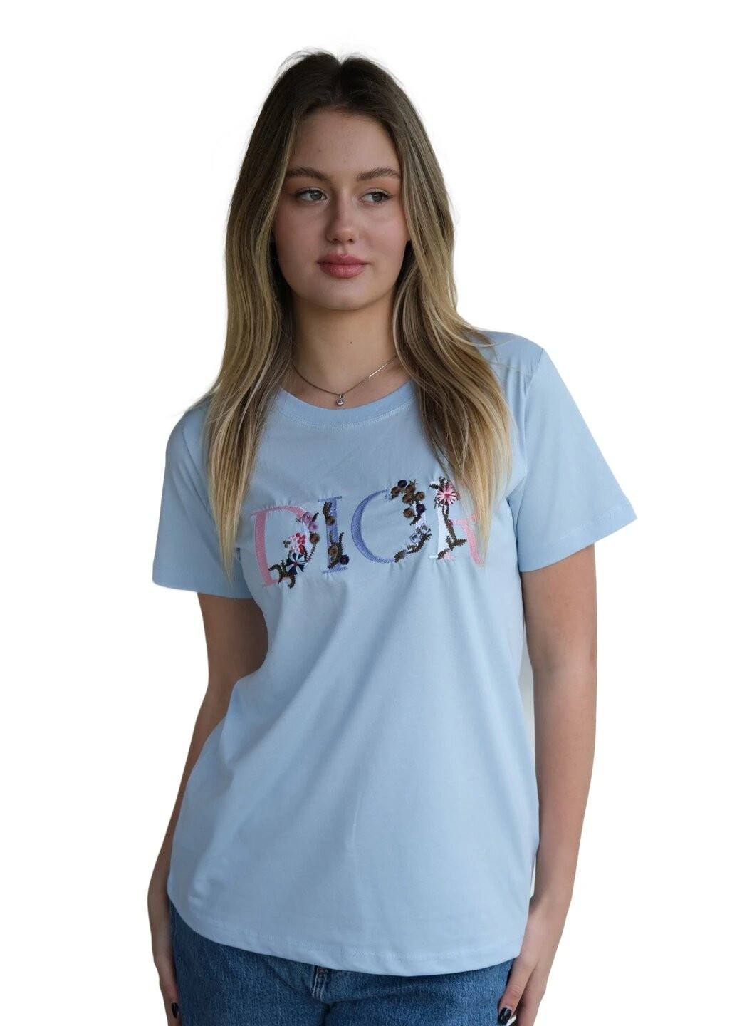 Голубая летняя футболка женская с коротким рукавом Dior
